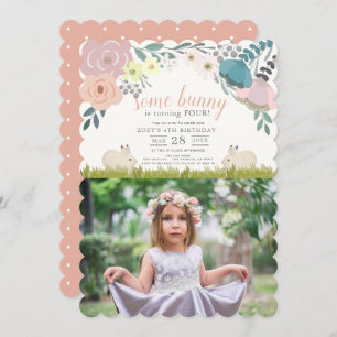 Pink Floral Some Bunny Girl Photo Birthday Invitation