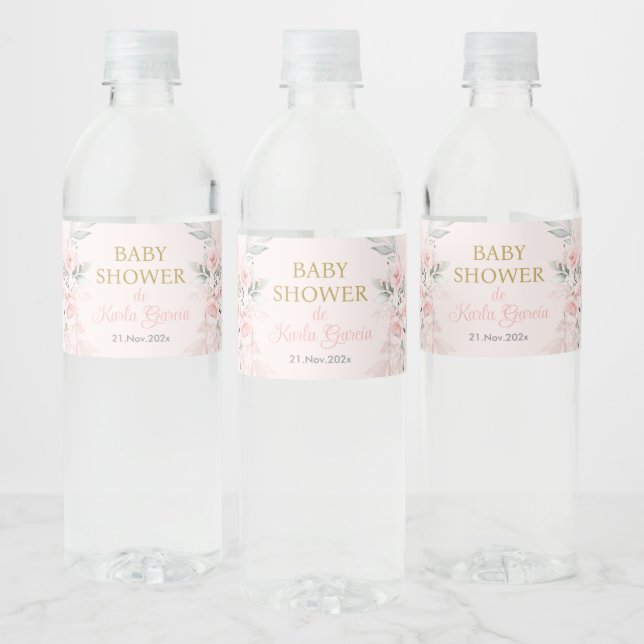 Pink Floral Spanish Baby Shower Girl Water Bottle Label (Bottles)