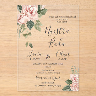 Pink Floral Spanish Wedding Acrylic Invitations