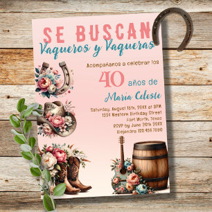 Pink Floral Spanish Western Cowboy 40th Birthday Invitation