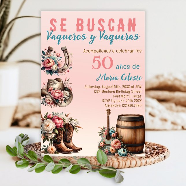 Pink Floral Spanish Western Cowboy 50th Birthday Invitation (Creator Uploaded)