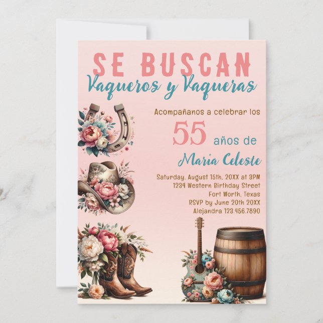 Pink Floral Spanish Western Cowboy 55th Birthday Invitation (Front)