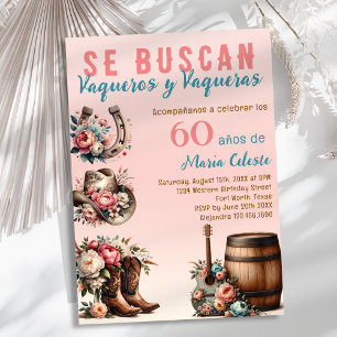 Pink Floral Spanish Western Cowboy 60th Birthday Invitation