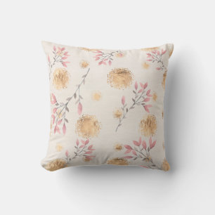 Pink Floral Sprays and Gold Spatter Dots on White Cushion