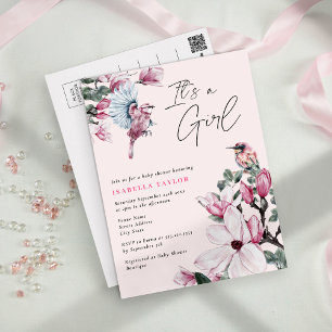 Pink Floral & Spring Birds Budget Bridal Shower In Invitation Postcard