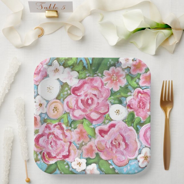 Pink Floral Spring Blooms Paper Plate (Wedding)