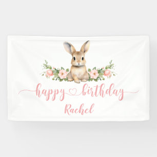 Pink Floral Spring Bunny Happy Birthday Banner