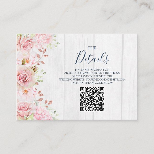 Pink Floral Spring Wedding QR code Details Insert (Front)