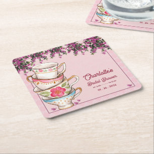 Pink Floral Stacked Teacups Bridal Shower Party Square Paper Coaster