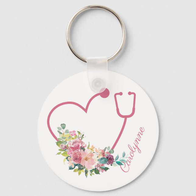 Pink Floral Stethoscope Heart Caregiver Nurse Key Ring (Front)