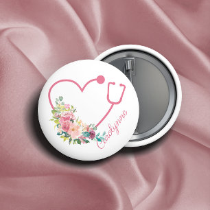 Pink Floral Stethoscope Heart Medical Nurse 6 Cm Round Badge