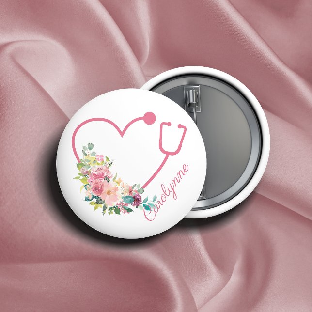 Pink Floral Stethoscope Heart Medical Nurse 6 Cm Round Badge (Creator Uploaded)