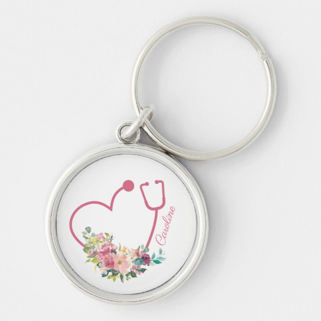Pink Floral Stethoscope Heart Medical Nurse Doctor Key Ring (Front)