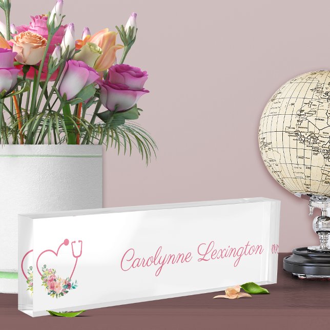 Pink Floral Stethoscope Heart Medical Nurse Doctor Nameplate (Creator Uploaded)