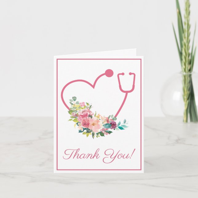 Pink Floral Stethoscope Heart Medical Thank You Card (Front)
