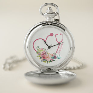Pink Floral Stethoscope Heart Nurse Doctor Pocket Watch