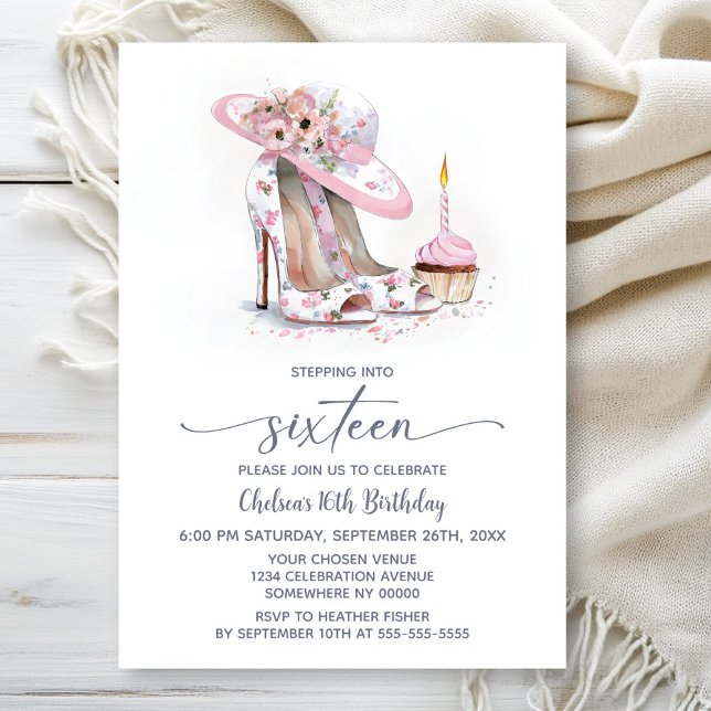 Pink Floral Stiletto Shoes 16th Birthday Party Invitation (Creator Uploaded)