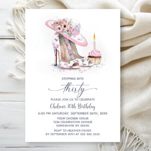 Pink Floral Stiletto Shoes 30th Birthday Party Invitation