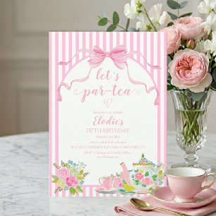 Pink Floral Stripe Let's Par-tea Birthday Invitation
