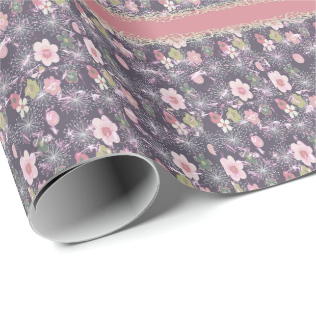 Pink Floral & Striped Faux Print Wrapping Paper (Roll Corner)