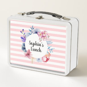Pink Floral Striped Metal Lunchbox