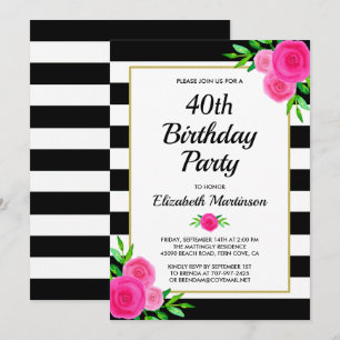 Pink Floral Stripes 40th Birthday Party Invitation
