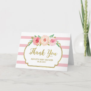 Pink Floral Stripes Gold Baby Shower Thank You