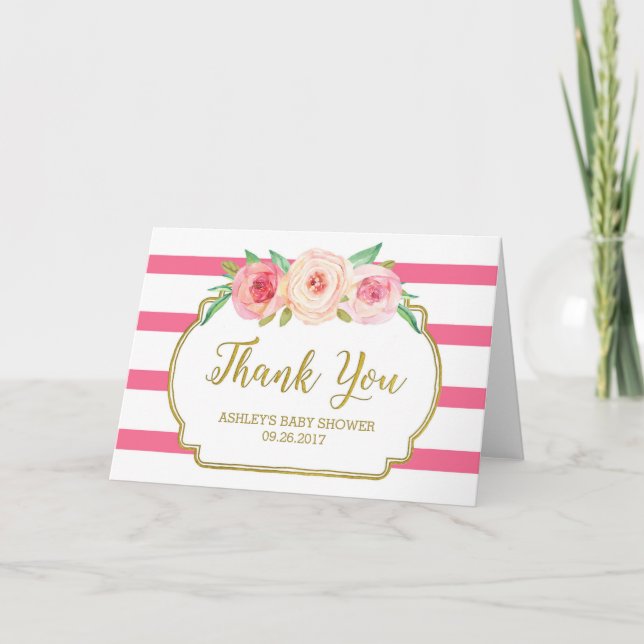 Pink Floral Stripes Gold Baby Shower Thank You (Front)