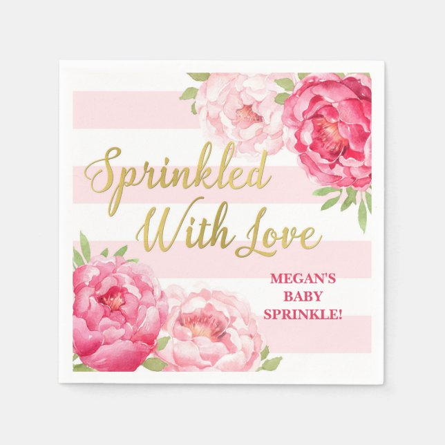 Pink Floral Stripes Gold Sprinkled with Love Napkin (Front)