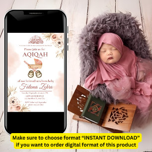 Pink Floral Stroller Baby Girl Muslim Aqiqah  Invitation