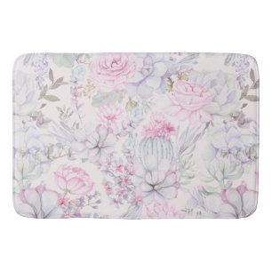 Pink Floral Succulent Illustration Summer Pattern Bath Mat
