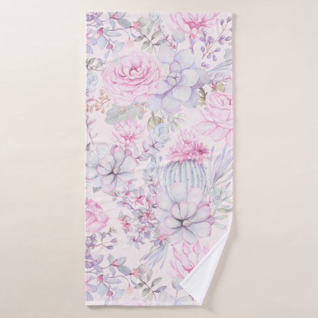 Pink Floral Succulent Illustration Summer Pattern Bath Towel Set (Bath Towel)