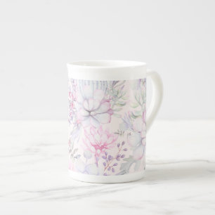 Pink Floral Succulent Illustration Summer Pattern Bone China Mug