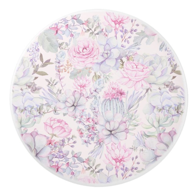 Pink Floral Succulent Illustration Summer Pattern Ceramic Knob (Front)