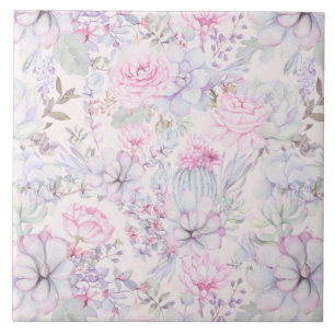Pink Floral Succulent Illustration Summer Pattern Ceramic Tile