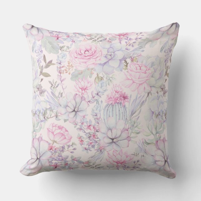 Pink Floral Succulent Illustration Summer Pattern Cushion (Front)