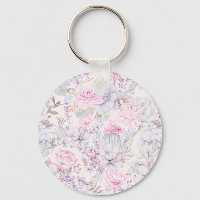 Pink Floral Succulent Illustration Summer Pattern Key Ring (Front)