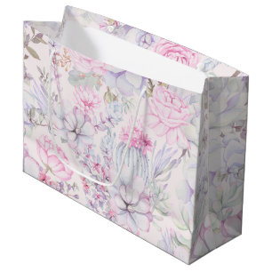 Pink Floral Succulent Illustration Summer Pattern Large Gift Bag