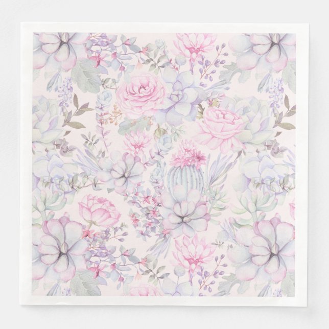 Pink Floral Succulent Illustration Summer Pattern Napkin (Front)