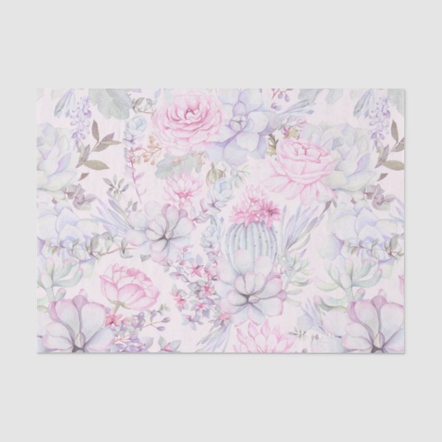Pink Floral Succulent Illustration Summer Pattern Tissue Paper (Front)