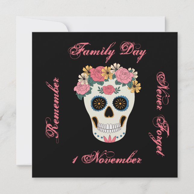 Pink Floral Sugar Skull Illustration Card (Front)