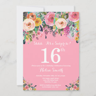 Pink Floral Surprise 16th Birthday Invitation