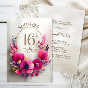 Pink Floral Surprise 16th Birthday Party Invitation