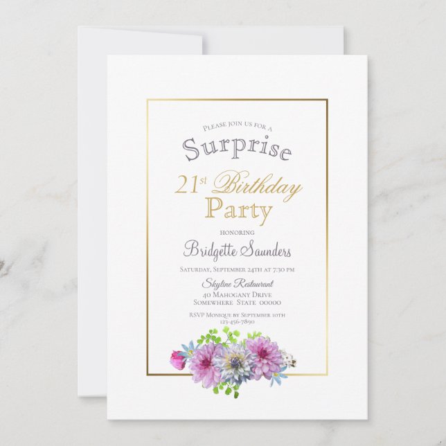 Pink Floral Surprise 21st Birthday Party Invitation (Front)