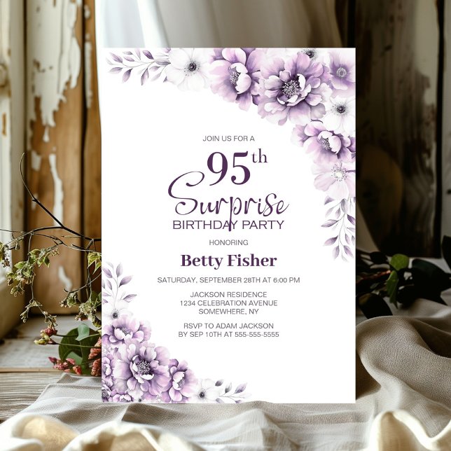Pink Floral Surprise 95th Birthday Party Invitation (Creator Uploaded)