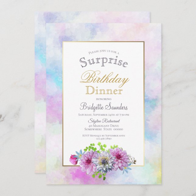 Pink Floral Surprise Birthday Dinner Invitation (Front/Back)