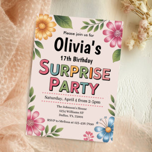 Pink Floral Surprise Birthday Party Invitation