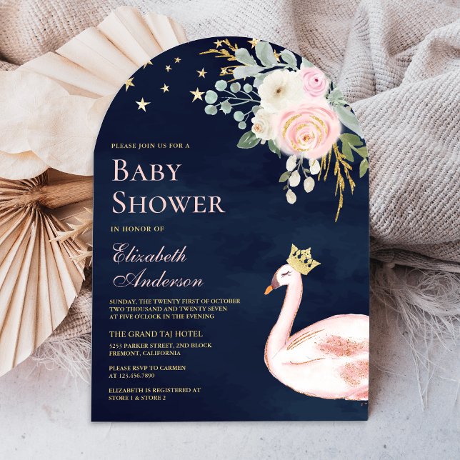 Pink Floral Swan Princess Arch Navy Baby Shower Invitation (Creator Uploaded)