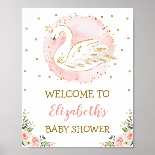 Pink Floral Swan Princess Girl Baby Shower Welcome Poster (Front)