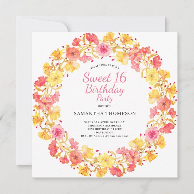Pink Floral Sweet 16 Birthday Invitation (Front)